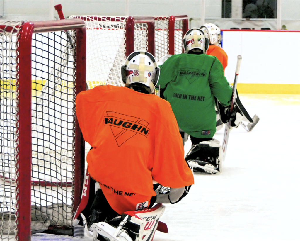 Ice hockey goalies training in Gold in the Net hockey camp